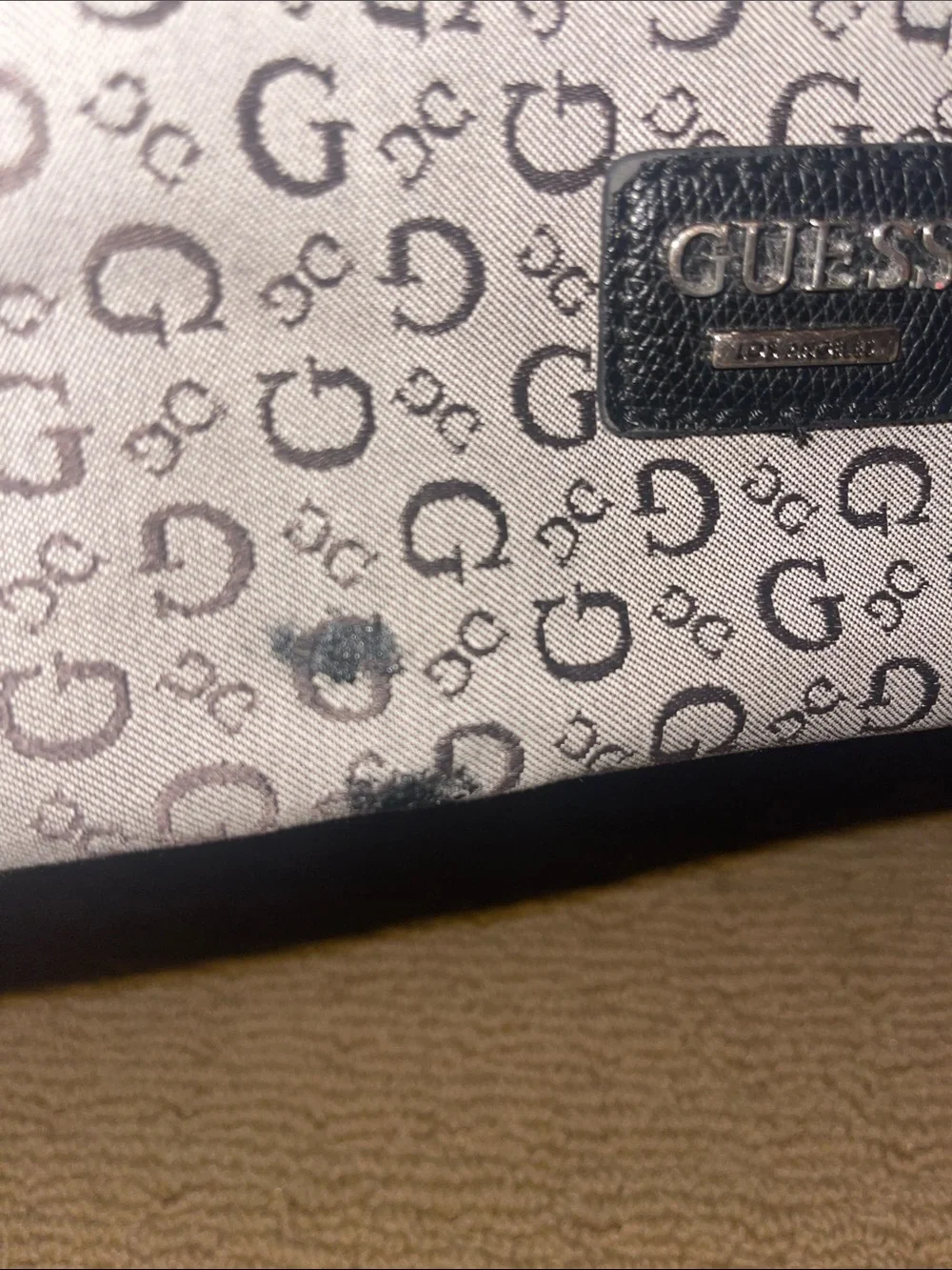 GUESS Cream Logo-Print Tote with Black Trim